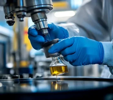 نمونه‌گیری از روانکار صنعتی در محیط آزمایشگاهی کارخانه، با رعایت اصول ایمنی و استفاده از دستکش حفاظتی؛ بخشی از فرآیند کنترل کیفیت پیش از مصرف روانکار