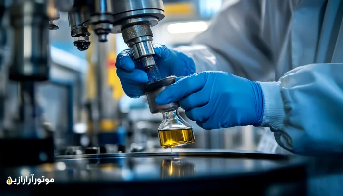 نمونه‌گیری از روانکار صنعتی در محیط آزمایشگاهی کارخانه، با رعایت اصول ایمنی و استفاده از دستکش حفاظتی؛ بخشی از فرآیند کنترل کیفیت پیش از مصرف روانکار
