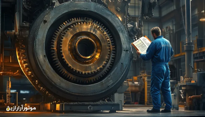 کارشناس نگهداری صنعتی در حال بررسی چکلیست ایمنی و روانکاری مقابل یک توربین بزرگ؛ نمایی از اهمیت مستندسازی و بازرسی دقیق در محیطهای صنعتی