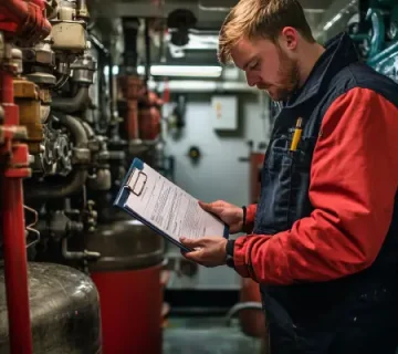 مهندس فنی دریایی در حال بررسی چک‌لیست تعمیر و نگهداری موتور کشتی با استفاده از تخته شاسی در اتاق موتورخانه – نمایی از پایش دوره‌ای وضعیت روغن موتور