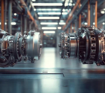 نمایی واقع‌گرایانه از دو گیربکس خودرو در کنار هم در یک محیط صنعتی مدرن؛ سمت چپ گیربکس دستی با ساختار جمع‌وجور و چرخ‌دنده‌های مکانیکی، و سمت راست گیربکس اتوماتیک با اجزای پیچیده‌تر شامل توربین و ماژول‌های الکترونیکی. نورپردازی صنعتی و پس‌زمینه کارگاهی.