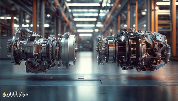 نمایی واقع‌گرایانه از دو گیربکس خودرو در کنار هم در یک محیط صنعتی مدرن؛ سمت چپ گیربکس دستی با ساختار جمع‌وجور و چرخ‌دنده‌های مکانیکی، و سمت راست گیربکس اتوماتیک با اجزای پیچیده‌تر شامل توربین و ماژول‌های الکترونیکی. نورپردازی صنعتی و پس‌زمینه کارگاهی.