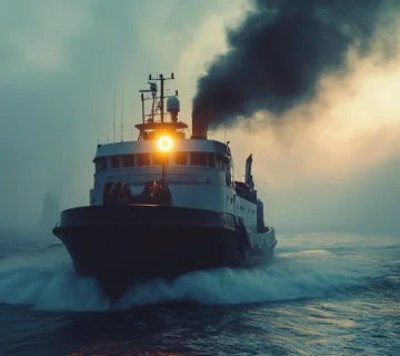 نمای جلویی یک کشتی در حال حرکت با دود سیاه خارج‌شده از اگزوز، در هوای مه‌آلود – نشانه‌ای هشداردهنده از احتراق ناقص یا روغن موتور فرسوده