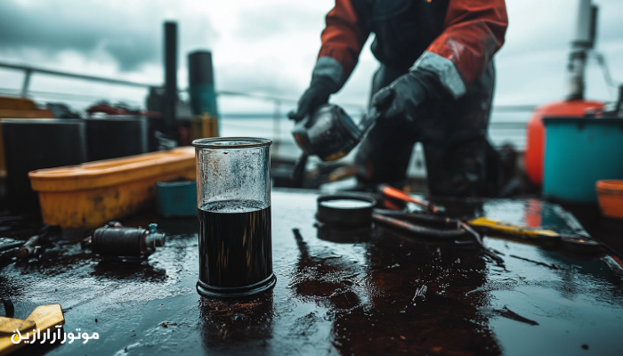 نمونهای از روغن موتور دریایی تیره و آلوده در یک ظرف شیشهای روی عرشه کشتی، در حالی که تکنسین در پسزمینه در حال بررسی قطعات موتور است – نمایی واقعی از شرایط نیاز به تعویض روغن