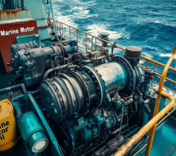 موتور صنعتی بزرگ روی عرشه کشتی با پس‌زمینه دریای مواج و ظرف روغن موتور دریایی – نمایش شرایط کاری موتورها در دریاهای آزاد