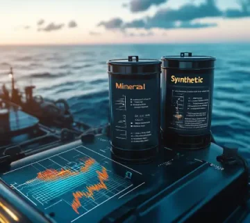 دو ظرف روغن موتور دریایی با برچسب‌های Mineral و Synthetic روی عرشه کشتی در حال غروب، همراه با نمودارهای دیجیتال مشخصات فنی روی سطح موتور – نمایش دقیق مقایسه عملکرد روغن‌های سنتتیک و مینرال در شرایط دریایی