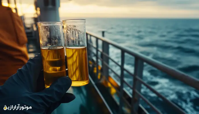 دو ظرف روغن موتور دریایی با برچسبهای Synthetic و Mineral روی عرشه کشتی در حال مقایسه، به همراه نمودار مشخصات فنی روی سطح موتور – نمایش تصویری از بررسی علمی انواع روغن