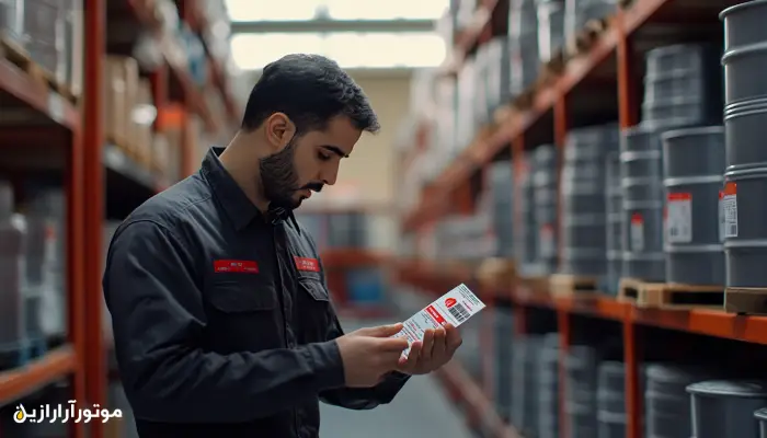 کارشناس فنی در حال بررسی برچسب اصالت روغن موتور دریایی در انبار یک تأمینکننده، با ردیف بشکههای صنعتی در پسزمینه – نمایی از فرآیند کنترل کیفیت و خرید مطمئن از منابع معتبر