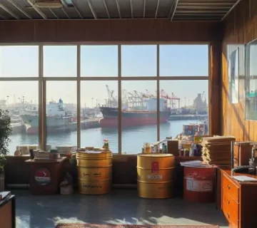 نمای داخلی یک دفتر تأمین‌کننده روغن موتور دریایی در ایران با چشم‌انداز بندر، بشکه‌های برند ایرانی روغن و اسناد تجاری روی میز – فضای قابل اعتماد برای خرید روغن اصل