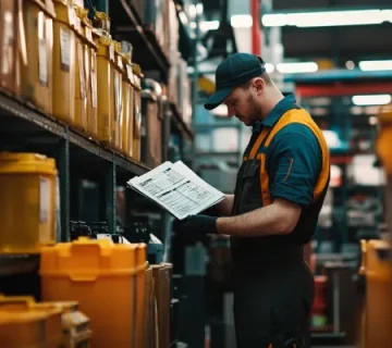 کارمند انبار در حال بررسی موجودی روغن موتور صنعتی با برگه ثبت