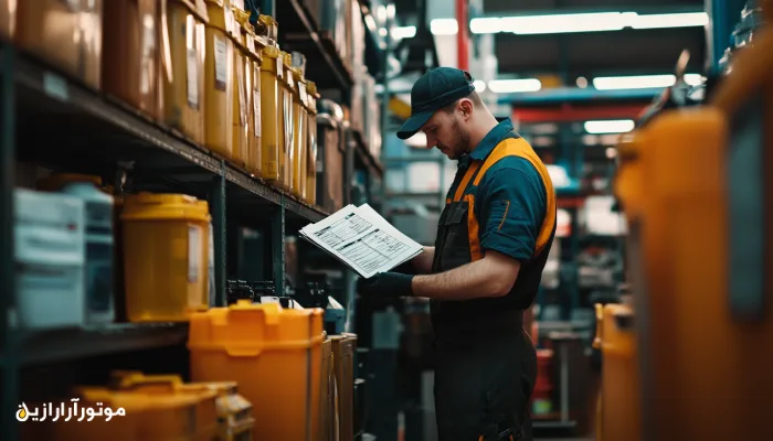 کارمند انبار در حال بررسی موجودی روغن موتور صنعتی با برگه ثبت