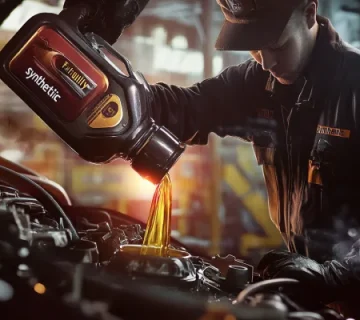 مکانیک حرفه‌ای در حال ریختن روغن موتور سنتزی از ظرف مشکی‌رنگ به داخل موتور خودرو در محیط یک تعمیرگاه صنعتی مجهز.