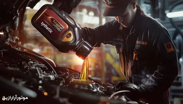 مکانیک حرفه‌ای در حال ریختن روغن موتور سنتزی از ظرف مشکی‌رنگ به داخل موتور خودرو در محیط یک تعمیرگاه صنعتی مجهز.