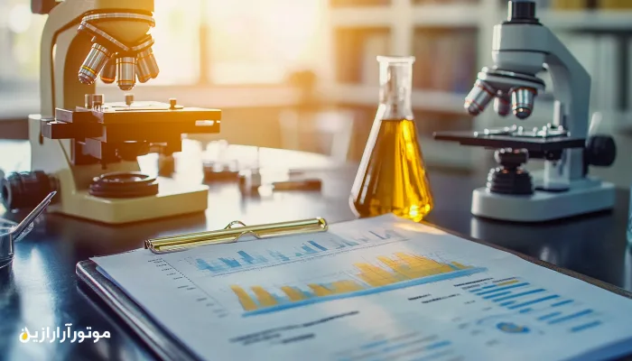 گزارش تحلیلی نمونه روغن همراه با میکروسکوپ و فلاسک حاوی روانکار؛ محیط آزمایشگاهی برای بررسی کیفیت و شناسایی آلودگی‌های احتمالی در روانکارهای صنعتی