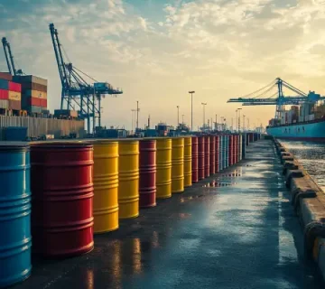 ردیفی از بشکه‌های رنگی روغن موتور دریایی بدون برند، چیده‌شده روی اسکله بندری ایران در کنار کشتی کانتینری – نمایی از بازار واردات و توزیع روغن در صنعت دریایی کشور
