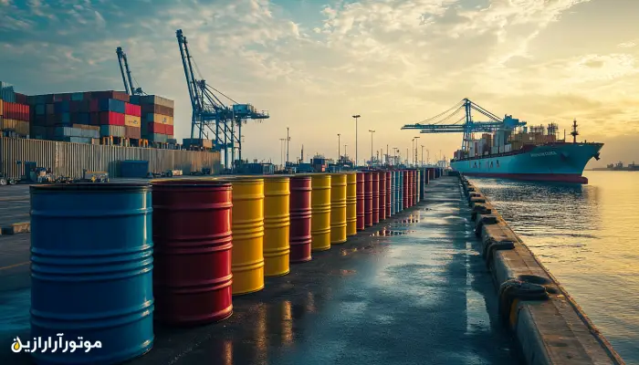 ردیفی از بشکه‌های رنگی روغن موتور دریایی بدون برند، چیده‌شده روی اسکله بندری ایران در کنار کشتی کانتینری – نمایی از بازار واردات و توزیع روغن در صنعت دریایی کشور