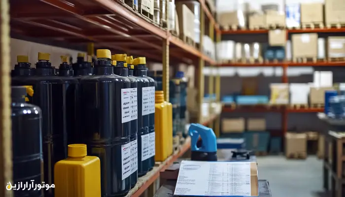 بطریهای صنعتی روغن موتور دریایی با برچسبهای مشخصات فنی در یک انبار کالا، همراه با برگه موجودی و لیست قیمت روی میز – فضای بررسی و مقایسه برندهای موجود در بازار