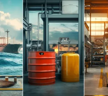 نمای برش‌خورده از سه محیط متفاوت: کشتی در دریا، تأسیسات صنعتی، و کارگاه خودرویی؛ هر کدام با مخازن روغن مخصوص خود – نمایش گرافیکی تفاوت کاربرد روغن در صنعت دریایی، کارخانه و خودرو