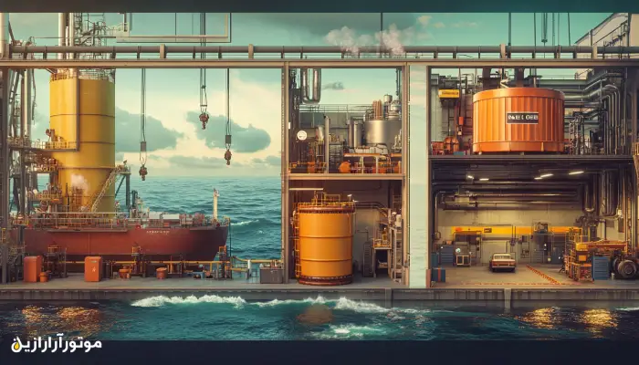 سه بخش جداگانه از بنادر دریایی، کارخانه صنعتی و تعمیرگاه خودرو با بشکههای روغن رنگی در هر بخش – مقایسه بصری میان روغنهای دریایی، صنعتی و خودرویی در بسترهای واقعی
