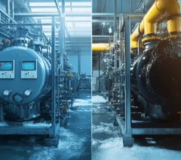 مقایسه دو کمپرسور چیلر صنعتی در اتاق سردخانه، یکی تمیز و یخ‌زده با عملکرد مناسب و دیگری با نشتی و آلودگی شدید – نمایش تأثیر مستقیم روغن برودتی بر سلامت کمپرسور