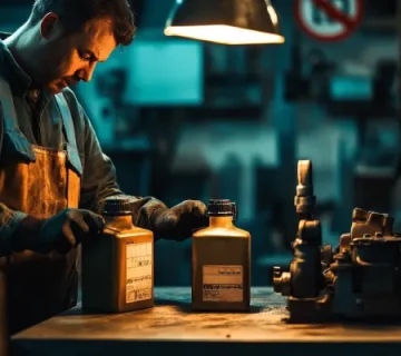 مکانیکی که در حال بررسی دو ظرف مشابه روغن موتور