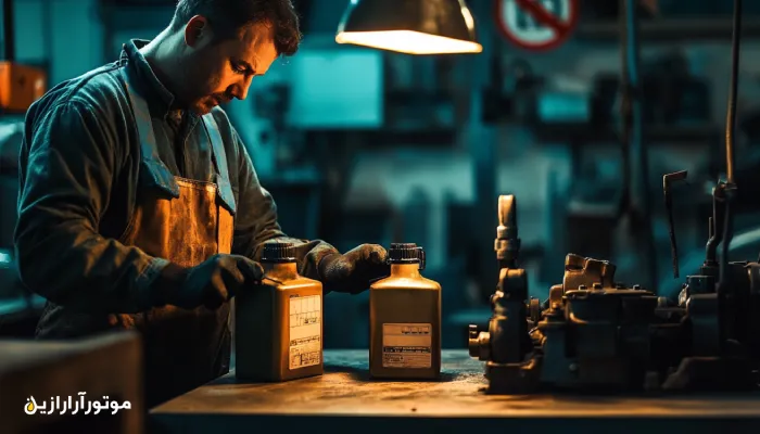 مکانیکی که در حال بررسی دو ظرف مشابه روغن موتور