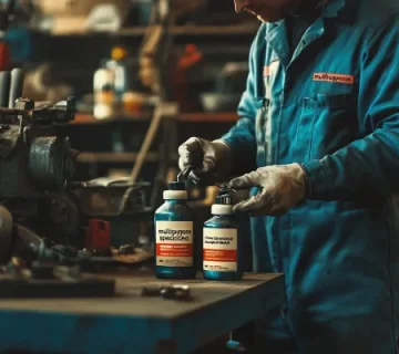 تکنسین تعمیرگاه صنعتی در حال مقایسه روغن چندکاره و روغن تخصصی روی میز کار؛ تصمیم‌گیری برای انتخاب روانکار مناسب بر اساس نوع کاربرد تجهیزات