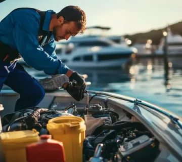 تکنسین دریایی در حال بررسی و نگهداری موتور یک قایق تفریحی لوکس در اسکله، با مخازن روغن و ابزار فنی در کنارش – نمایی واقعی از اهمیت استفاده از روغن مناسب در قایق‌های تندرو