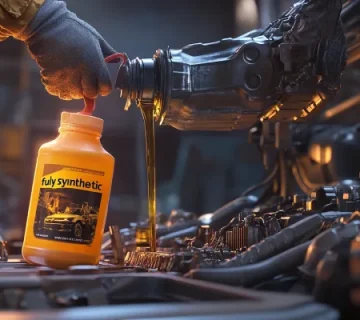 نمای نزدیک از مکانیکی که در حال ریختن روغن موتور سنتزی از ظرف زرد رنگ درون موتور خودرو است، در فضای تعمیرگاه حرفه‌ای با نورپردازی صنعتی.