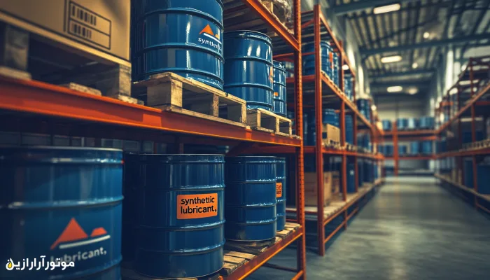 انباری صنعتی منظم با قفسههایی حاوی بشکههای بزرگ روغن سنتزی آبیرنگ، چیدهشده روی پالتهای چوبی در یک فضای انبار مدرن.