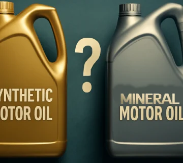 نمایی دیجیتالی از دو ظرف پلاستیکی یک‌گالنی روغن موتور در کنار هم؛ ظرف سمت چپ با رنگ تیره و برچسب "MINERAL" برای روغن معدنی، و ظرف سمت راست با ظاهر شفاف‌تر نماد روغن سنتزی، قرارگرفته روی سطح صنعتی با نورپردازی حرفه‌ای و بدون نوشته دیگر.
