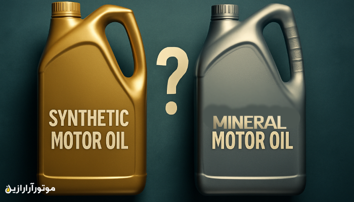 نمایی دیجیتالی از دو ظرف پلاستیکی یک‌گالنی روغن موتور در کنار هم؛ ظرف سمت چپ با رنگ تیره و برچسب "MINERAL" برای روغن معدنی، و ظرف سمت راست با ظاهر شفاف‌تر نماد روغن سنتزی، قرارگرفته روی سطح صنعتی با نورپردازی حرفه‌ای و بدون نوشته دیگر.