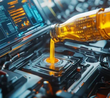 نمای مفهومی از ریختن روغن موتور شفاف به داخل سیستم دیجیتال پیچیده با نمایشگرهای پیشرفته، نماد ترکیب فناوری و روانکارهای نسل جدید.