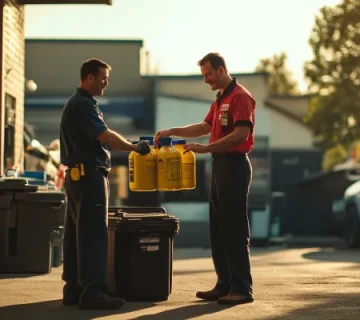 تحویل چند بطری روغن موتور زرد بین دو تعمیرکار در فضای باز تعمیرگاه