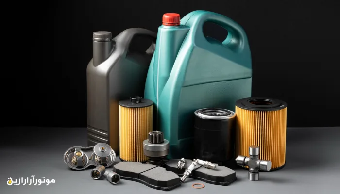 مجموعه‌ای از روغن موتور، فیلترها و قطعات خودرو روی پس‌زمینه تیره