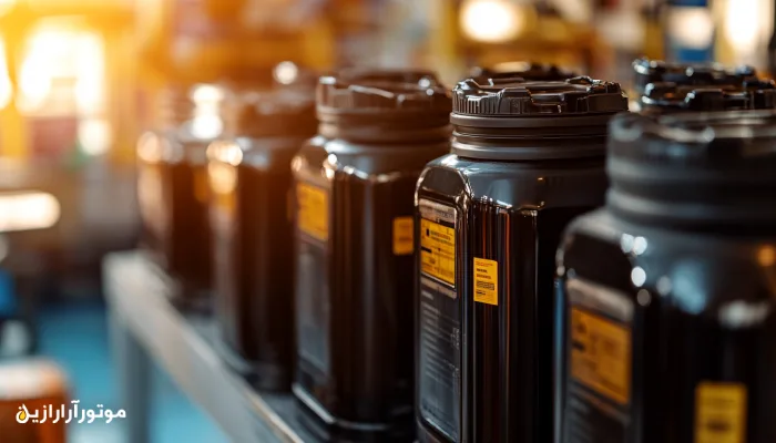 ردیفی از بطریهای مشکی روغن موتور در قفسه فروشگاه با نور پسزمینه