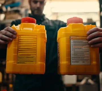 مردی در حال مقایسه دو بطری زرد روغن موتور در فروشگاه قطعات خودرو