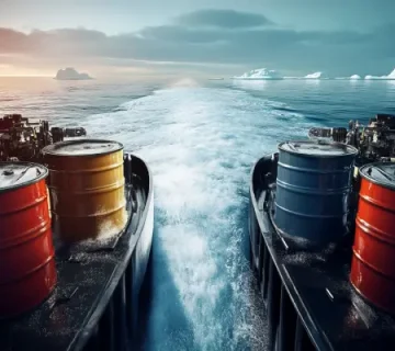 بشکه‌های رنگی روغن موتور با برچسب SAE در دو سوی عرشه کشتی در حال حرکت در آب‌های قطبی، نشان‌دهنده کاربرد ویسکوزیته‌های مختلف در شرایط دمایی سرد و گرم