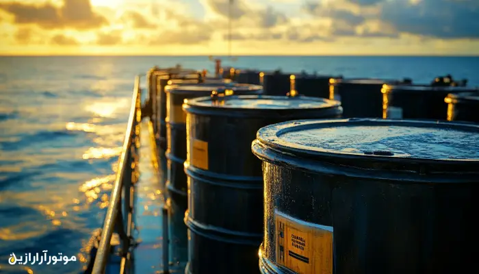 ردیفی از بشکههای روغن موتور دریایی صنعتی روی عرشه کشتی در نور طلایی غروب آفتاب، نمادی از ذخیرهسازی روغن برای شرایط آبوهوایی گرم