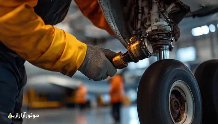 تکنسین هوافضا در حال گریسکاری دقیق چرخ هواپیما با ابزار تخصصی در آشیانه تعمیراتی مدرن