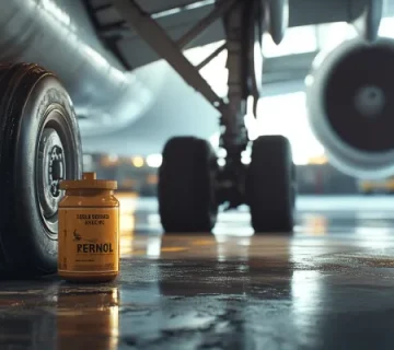 تصویری از محفظه چرخ هواپیما با درزهای روانکاری‌شده توسط گریس هوایی، نور طبیعی در محیط صنعتی تعمیرگاه