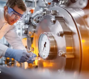 بازرسی کمپرسور سردخانه صنعتی در حال نمونه‌گیری از روغن، شامل گیج دما و محیط تمیز؛ بررسی نشانه‌های تعویض روغن کمپرسور