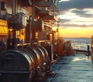 نمایی ازکشتی باربری بزرگ در حال حرکت با نمایش جزئیاتی از موتورخانه و ظروف روغن سیلندر کراس‌هد