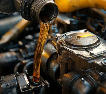 نمای نزدیک از موتور دیزلی سنگین داخل یک کامیون، در حال ریختن روغن موتور پربازده توسط تکنسین