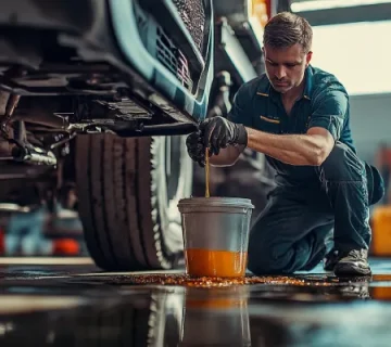 تکنسین سرویس ناوگان در حال تعویض روغن موتور دیزلی یک کامیون