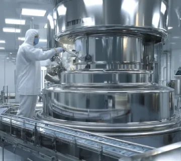 تصویری واقعی از گریس‌کاری دقیق یک میکسر صنعتی استیل در کارخانه مواد غذایی؛ تکنسین با تجهیزات بهداشتی، گریس NSF H1 را با ابزار مخصوص اعمال می‌کند. محیط کاملاً تمیز، دیوارهای سفید بهداشتی و نورپردازی صنعتی، استانداردهای ایمنی و بهداشت صنایع غذایی را نمایش می‌دهد.