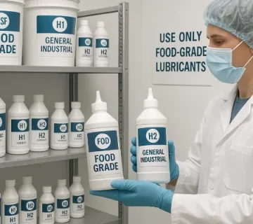 نمای داخلی یک انبار روانکارهای بهداشتی در کارخانه صنایع غذایی یا دارویی، با قفسه‌های فلزی مرتب و ظروف روانکار دارای برچسب NSF H1 و H2. مهندس کنترل کیفیت با لباس بهداشتی، دو بطری روانکار را بررسی می‌کند؛ یکی با برچسب Food Grade و دیگری General Industrial. پوستر نصب‌شده روی دیوار، الزام استفاده از روانکارهای بهداشتی را یادآوری می‌کند.»