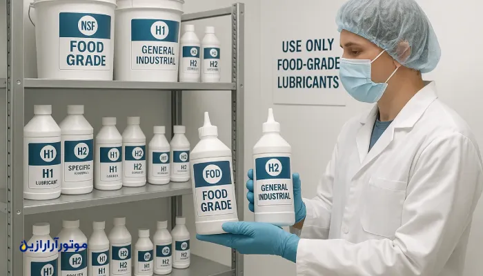 نمای داخلی یک انبار روانکارهای بهداشتی در کارخانه صنایع غذایی یا دارویی، با قفسه‌های فلزی مرتب و ظروف روانکار دارای برچسب NSF H1 و H2. مهندس کنترل کیفیت با لباس بهداشتی، دو بطری روانکار را بررسی می‌کند؛ یکی با برچسب Food Grade و دیگری General Industrial. پوستر نصب‌شده روی دیوار، الزام استفاده از روانکارهای بهداشتی را یادآوری می‌کند.»