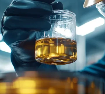 تکنسین در حال بررسی نمونهای از روغن موتور گازی پربازده در یک ماشین سنگین صنعتی