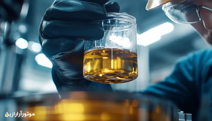 تکنسین در حال بررسی نمونه‌ای از روغن موتور گازی پربازده در یک ماشین سنگین صنعتی